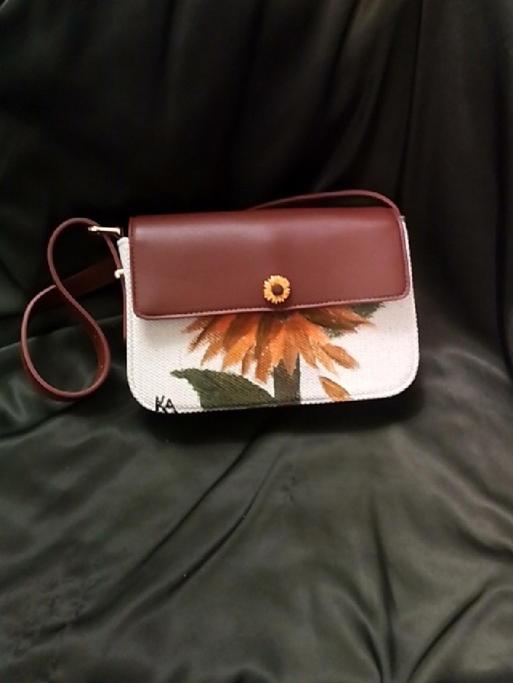 Hand Crafted Brown Leather Flap Crossbody with Sunflower Accent